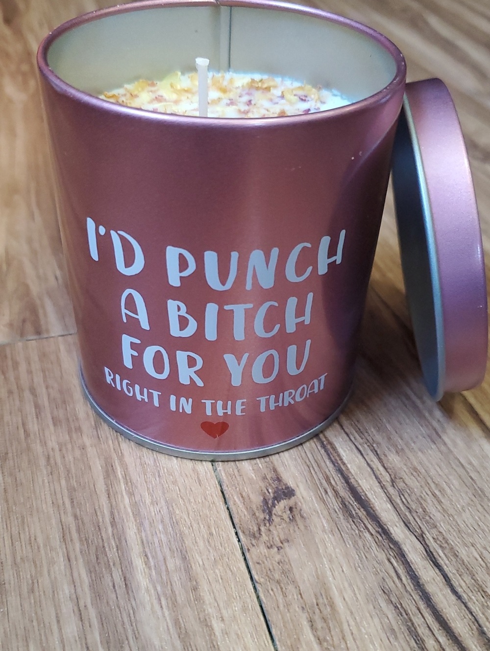 Pink Tin Candle with White Text Accent